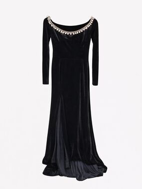 Size Large Black Velvet Maxi Dress with Embellished Neckline (MISSING A PEARL)